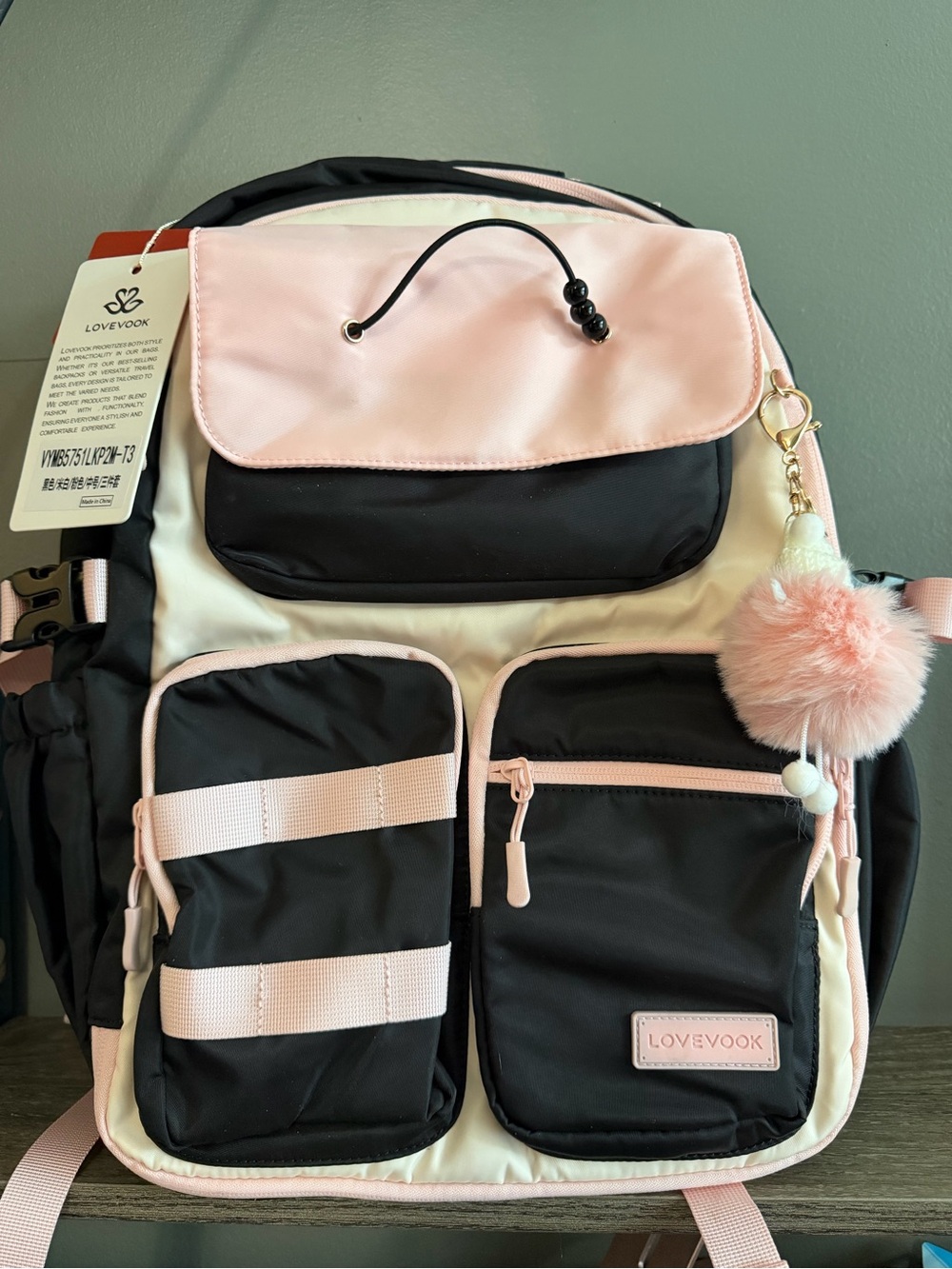 LOVEVOOK Kids Black & Pink Backpack with Pom-Pom Charm, lunch box & pencil bag
